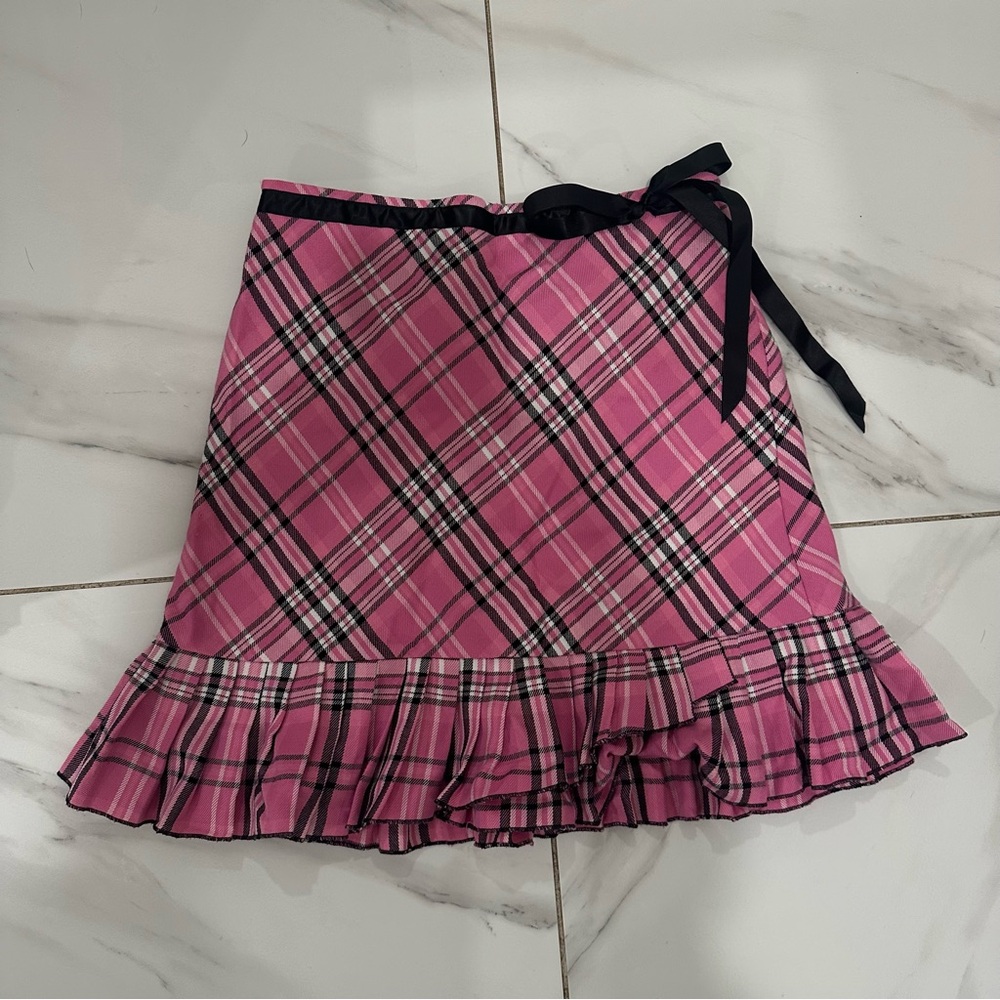 Pink Plaid Ruffle Skirt with Black Tie
